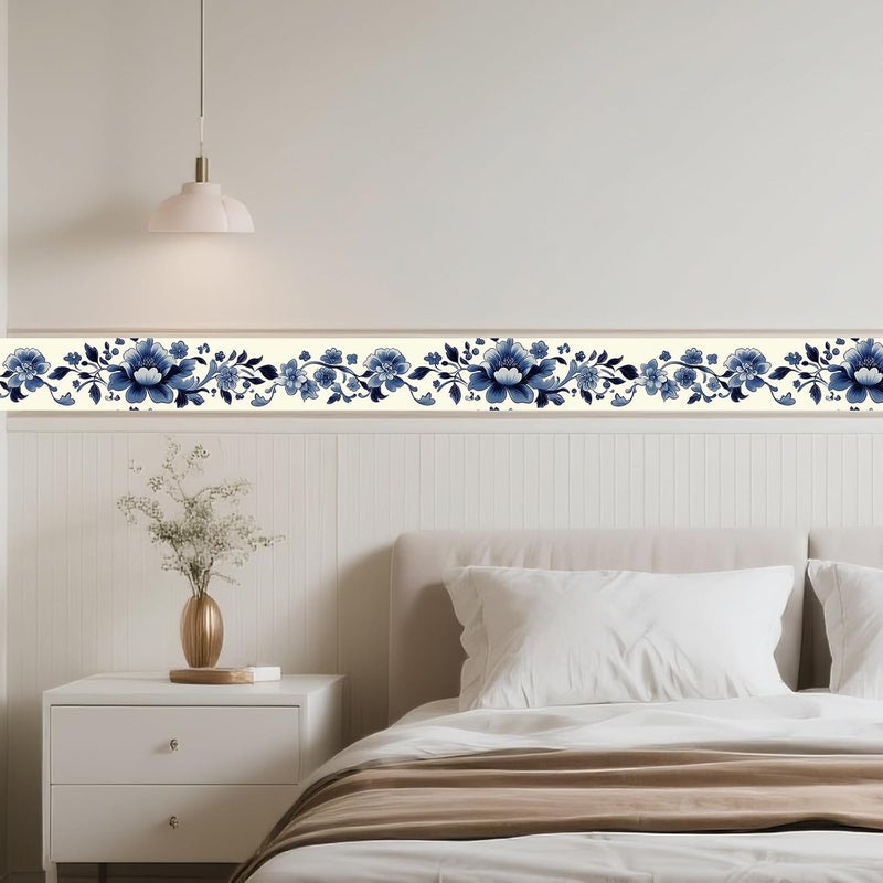 IVN Wallpaper Border Peel and Stick Wall Blue Floral Decorative Wall Trim Self Adhesive Border for Walls Mirror Frame Accent Strip for Bedroom Kitchen LivingRoom 4x196 Inch - Image 2